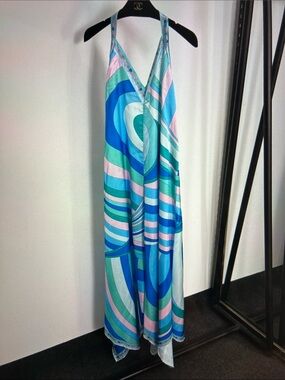 Emilio Pucci Teal, Blue & Pink Backless Halter Maxi Dress